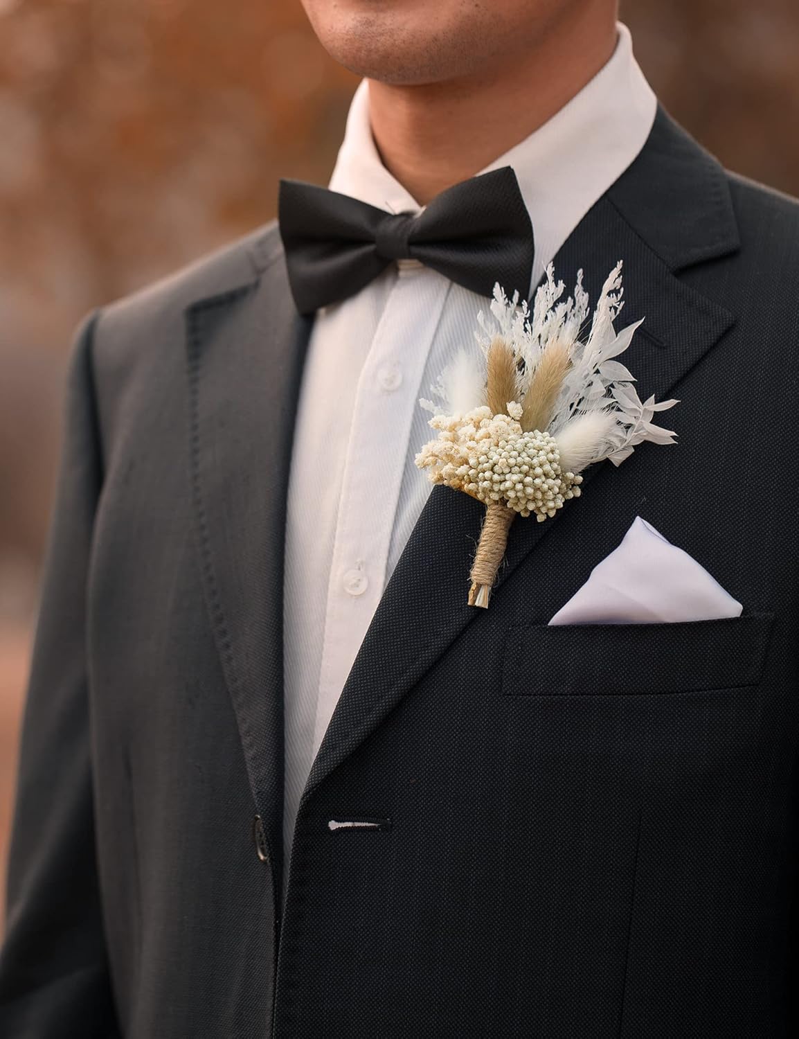 Dried Flowers Boutonnieres Set of 2 for Men, Rustic Boho Fall Wedding Grooms Buttonhole with Pampas Grass Decoration
