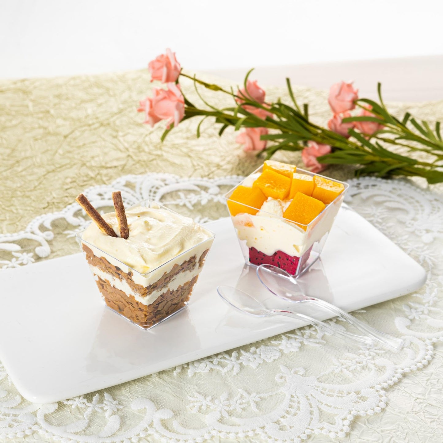 HOMIP 60Pack 4oz Plastic Dessert Cups with Lids and Spoons, Mini Plastic Parfait Cups for Parties, Clear Square Cups for Appetizer Cake Ice-cream