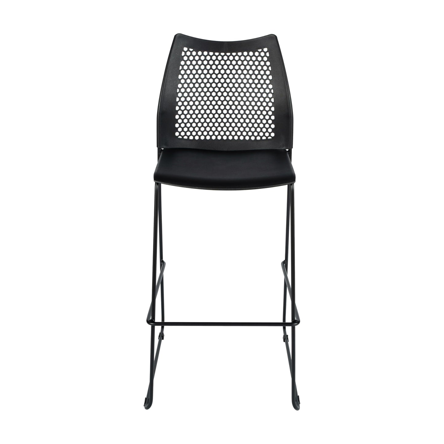 Flash Furniture Hercules Stacking Bar Height Stool with Vented Backrest and Black Powder Coated Steel Sled Base with Integrated Footrest, Commercial Portable Stool, Set of 3, Black