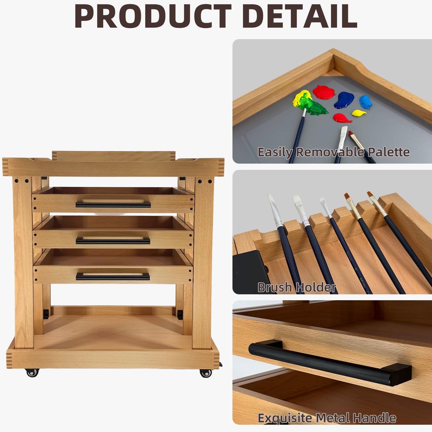 Stuelloaf Art Supplies Cart 5-Tier Organizer,Solid Beeach Wood with 3 Drawers and Caster Wheels, Rolling Utility Storage Cart for Studio, Classroom, Artists