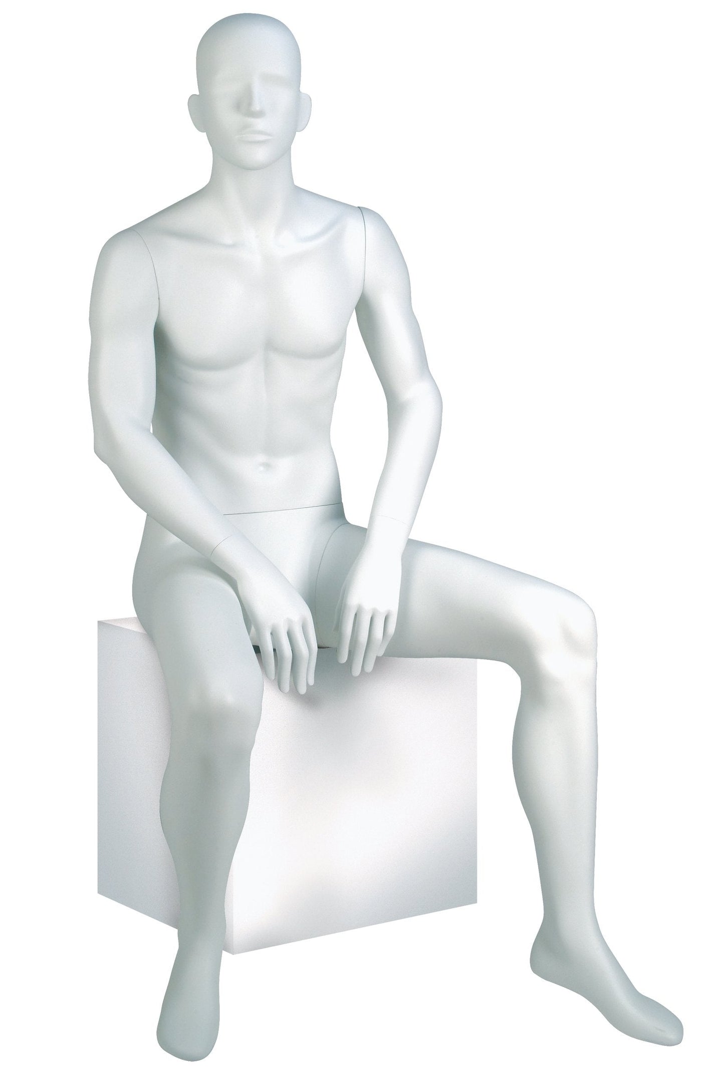 Econoco Male Mannequin, Oval Head, Seated Pose, Full Body Retail Display, True White