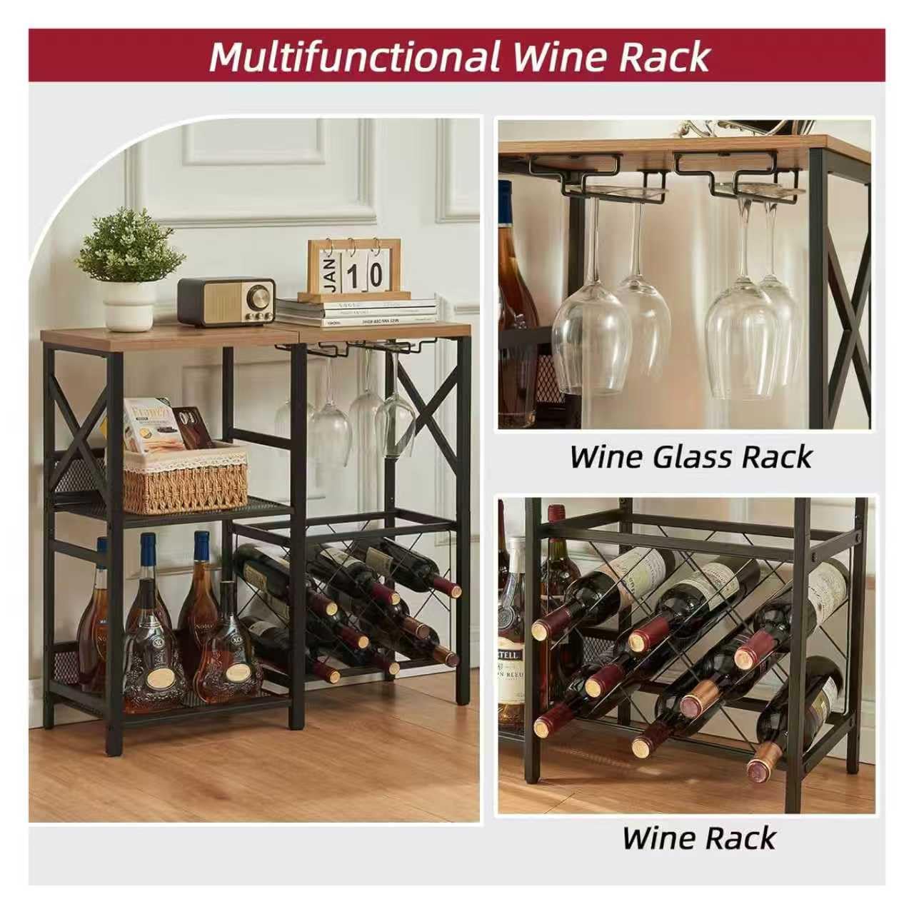 MNEETRUNG Wine Bar Cabinet, Rustic Freestanding Wine Rack with Glass Holder and Fence, Bar Cabinet with 2 Tier Storage, Liquor Shelf for Home Bar, Rustic Brown