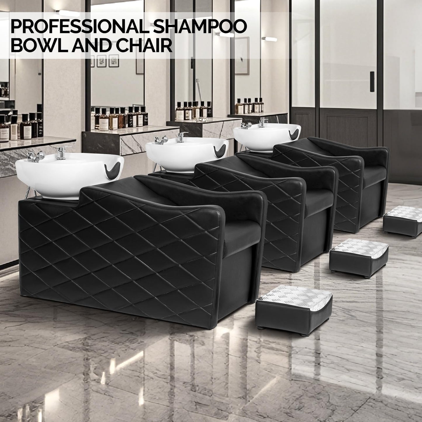 OmySalon Shampoo Bowl and Chair Set for Salon, Hair Washing Station with Ceramic Shampoo Sink, UPC Certificated Vacuum Breaker, Neck Rest, Backwash Shampoo Unit for Barbershop Beauty Spa