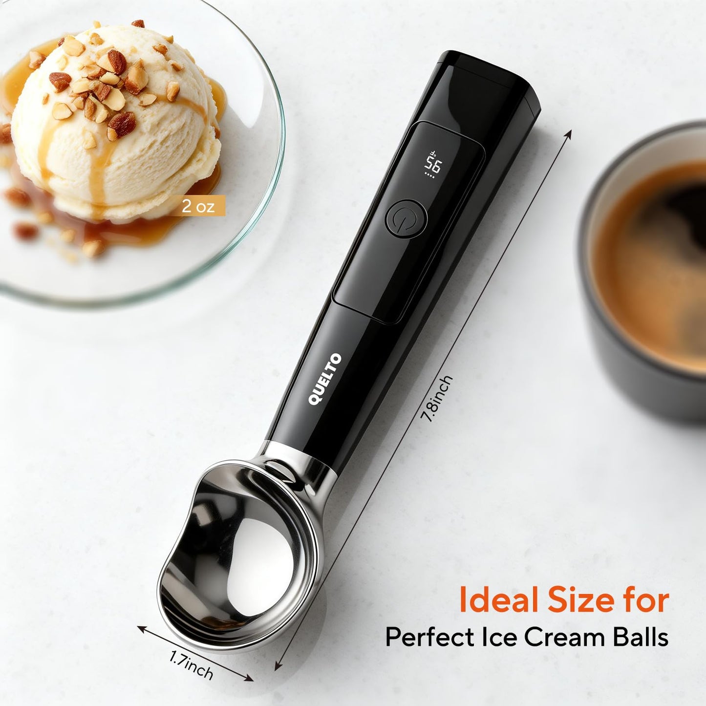 Heated Ice Cream Scoop with LED Display — Rechargeable Electric Ice Cream Scoop with Comfortable Handle, 3 Modes, IPX7, Non-Stick Stainless Steel for Hardened Ice Cream, Sorbet, Gelato, & Cookie Dough