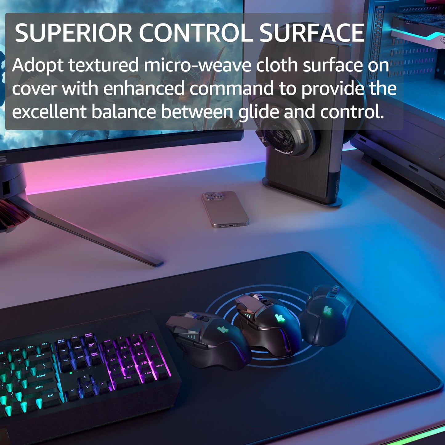 KTRIO Large Gaming Mouse Pad with Superior Micro-Weave Cloth, Extended Desk Mousepad with Stitched Edges, Non-Slip Base, Water Resist Keyboard Pad for Gamer, Office & Home, 31.5 x 11.8 in, Black