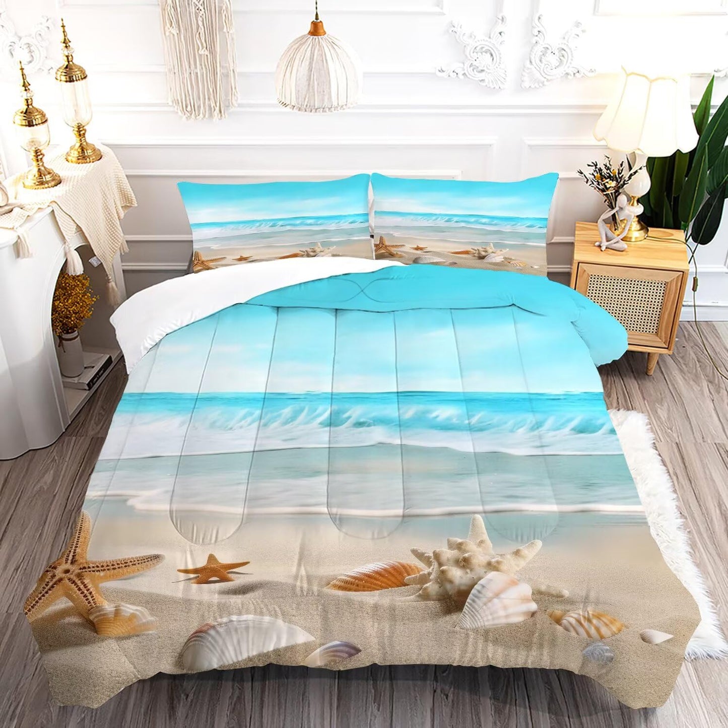 FUYEUN Beach Comforter Set Twin, Coastal Nature Theme Pattern Bedding for Kids Boys Girls Bedroom, Ocean Hawaiian Starfish Quilt Sets, 1 Comforter, 1 Pillowcase, Blue Home Decor