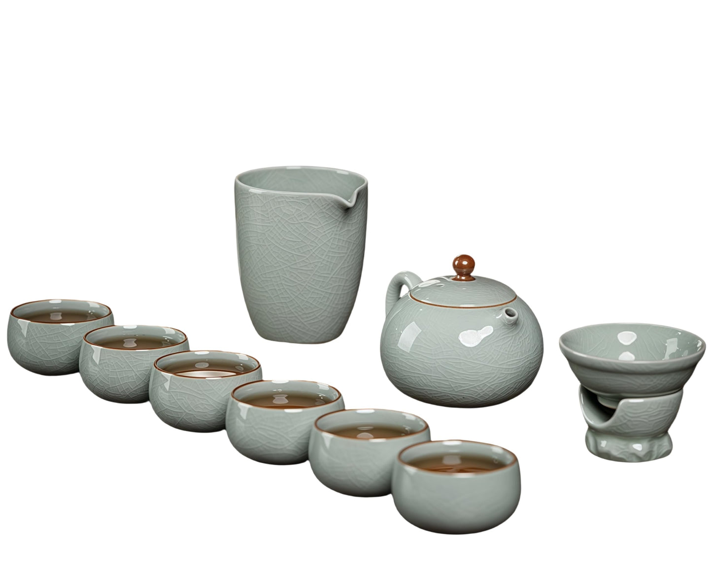 10 Pcs, Top Ceramic China Tea Set, Bone China Tea Cups Set, Fine China, Teacup, Chinese Gifts (Grayish green)