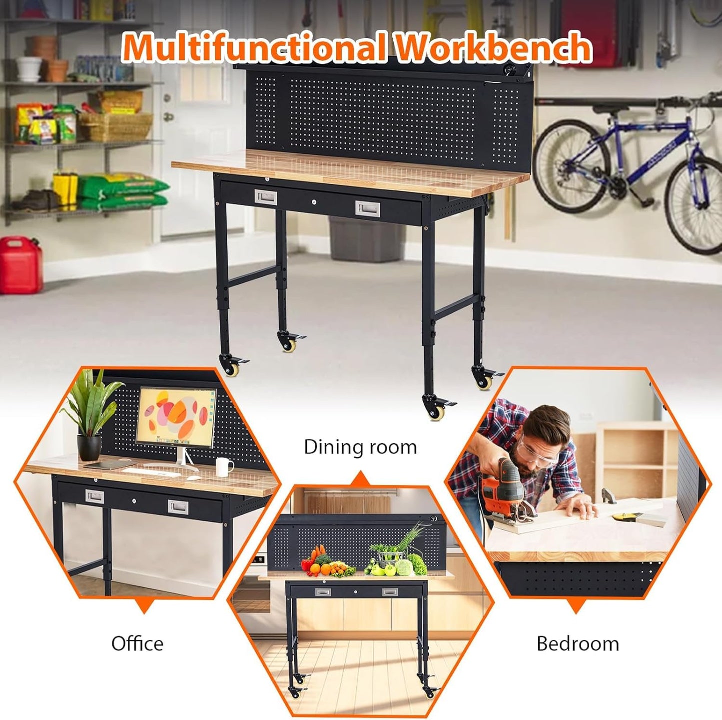 Workbench Adjustable Heavy-Duty 60" L X 22" W Workbench with Power Outlet, Drawers, Pegboard, and Wheels – 2200 Lbs Capacity Rubber Wood Top, Rolling Work Benchesfor Garage, Workshop, Home, Office