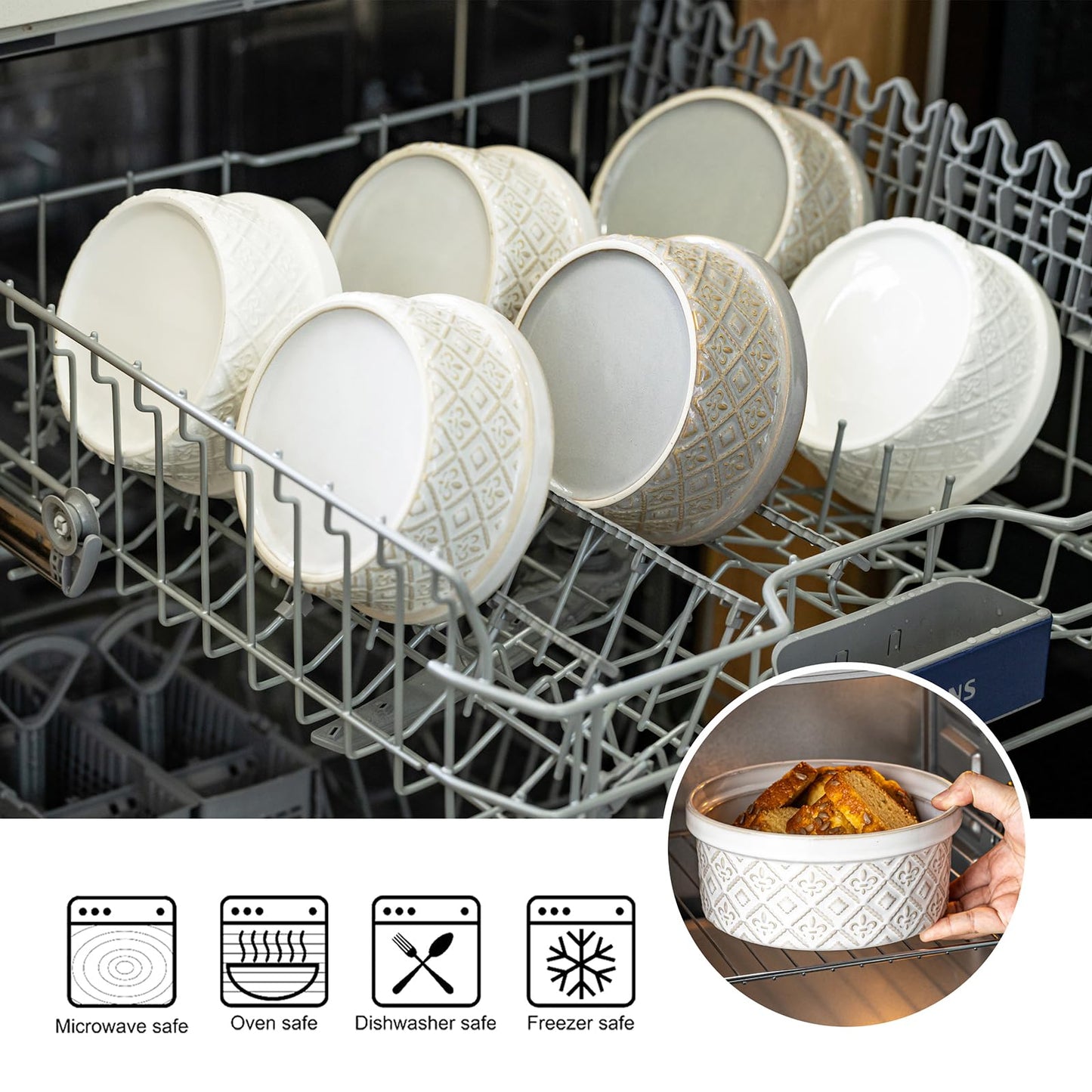 Large Mixing Bowls with Airtight Lids, Classic White Porcelain Embossed Nesting Salad Bowls for Baking and Cooking, 12/16/28/40oz Serving Bowls Set of 4, Oven and Dishwasher Safe, Thanksgiving Gift