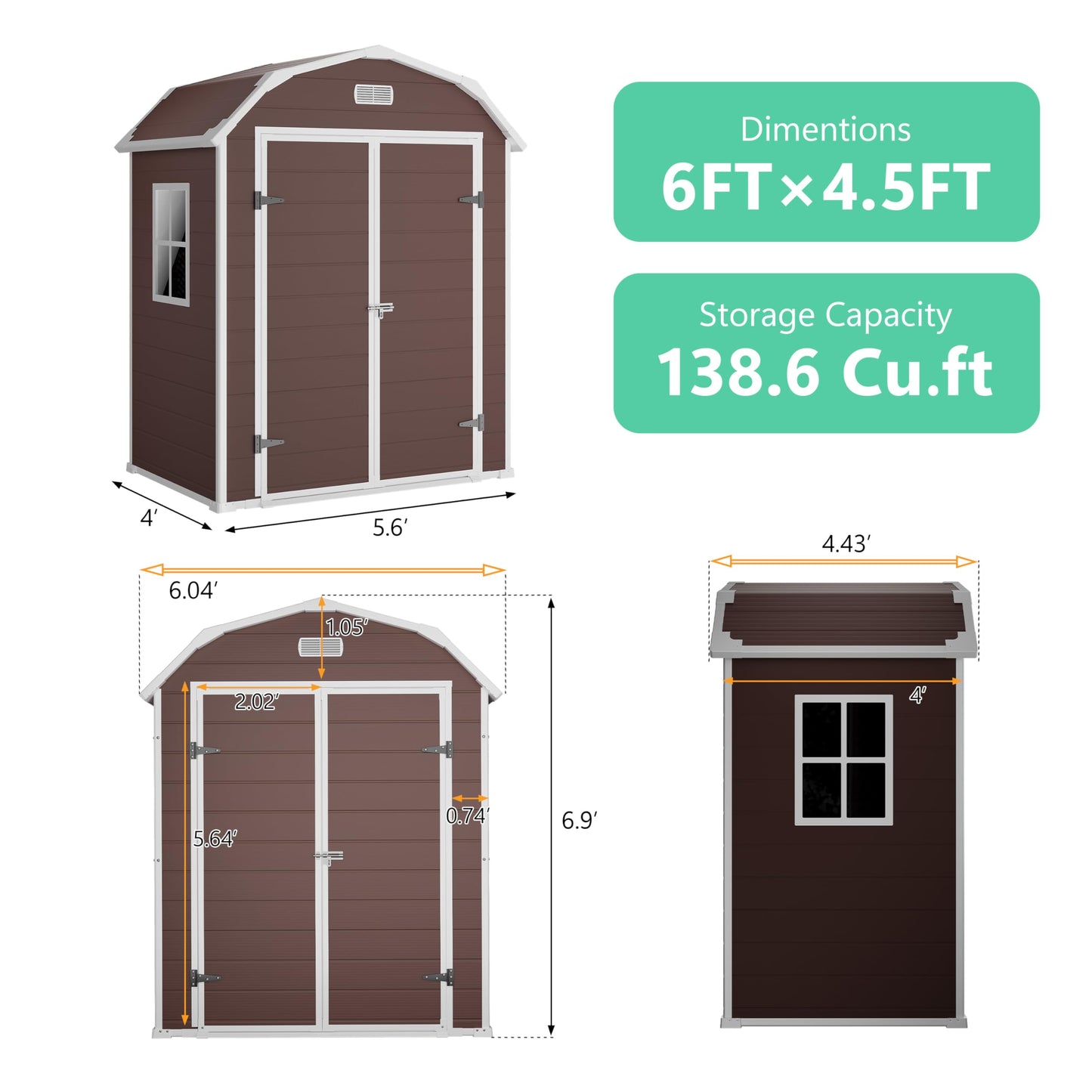 6x4.5 ft Resin Storage Shed with Floor, Weatherproof Outdoor Garden Shed, Plastic Tool Storage Shed with Double Doors for Backyard, Patio, Lawn, Bike