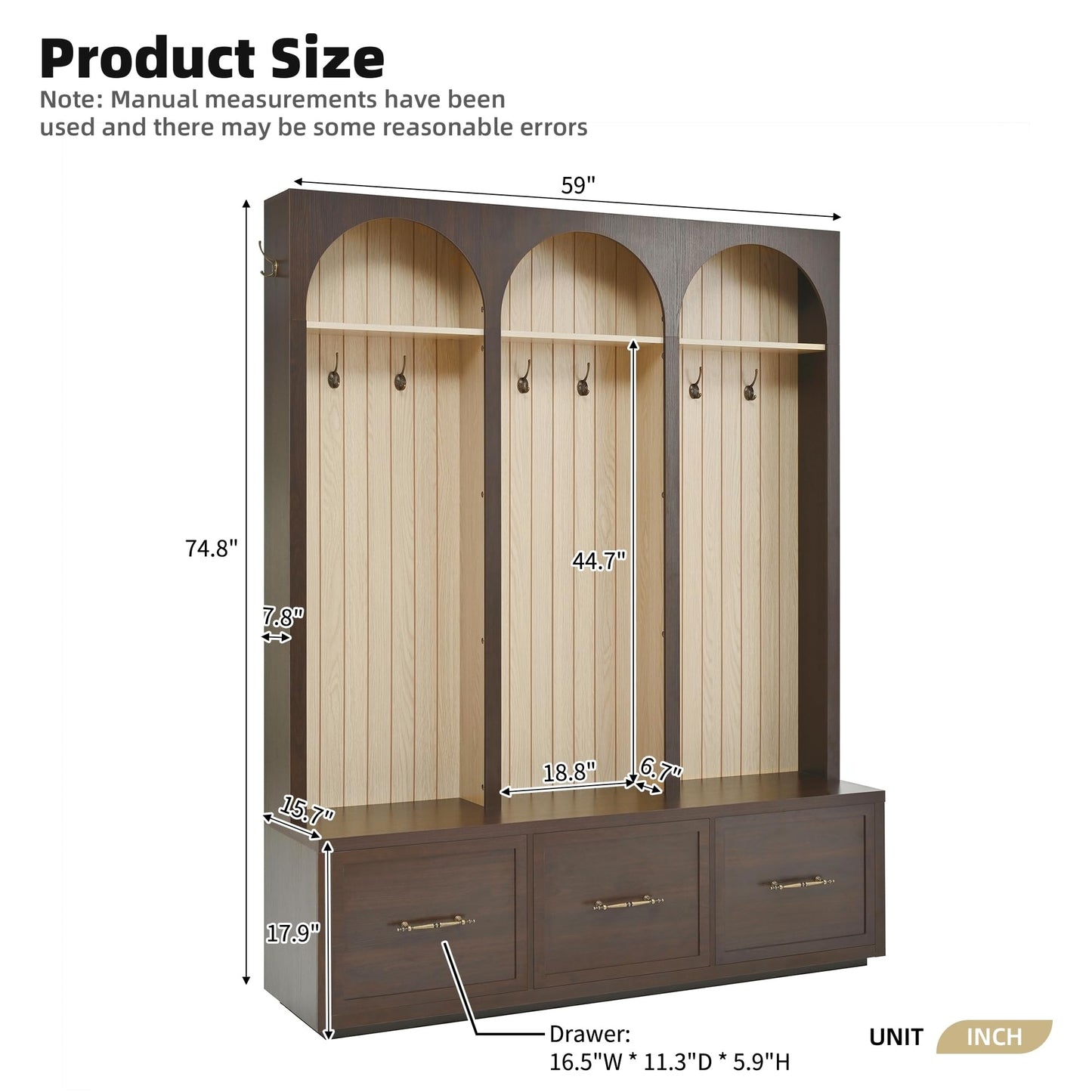 Merax Farmhouse Wood Hall Tree with Shoe Bench and 3 Drawers, 4-in-1 Entryway Coat Rack with 8 Hooks for Entrance, Hallway, Mudroom Dark Walnut