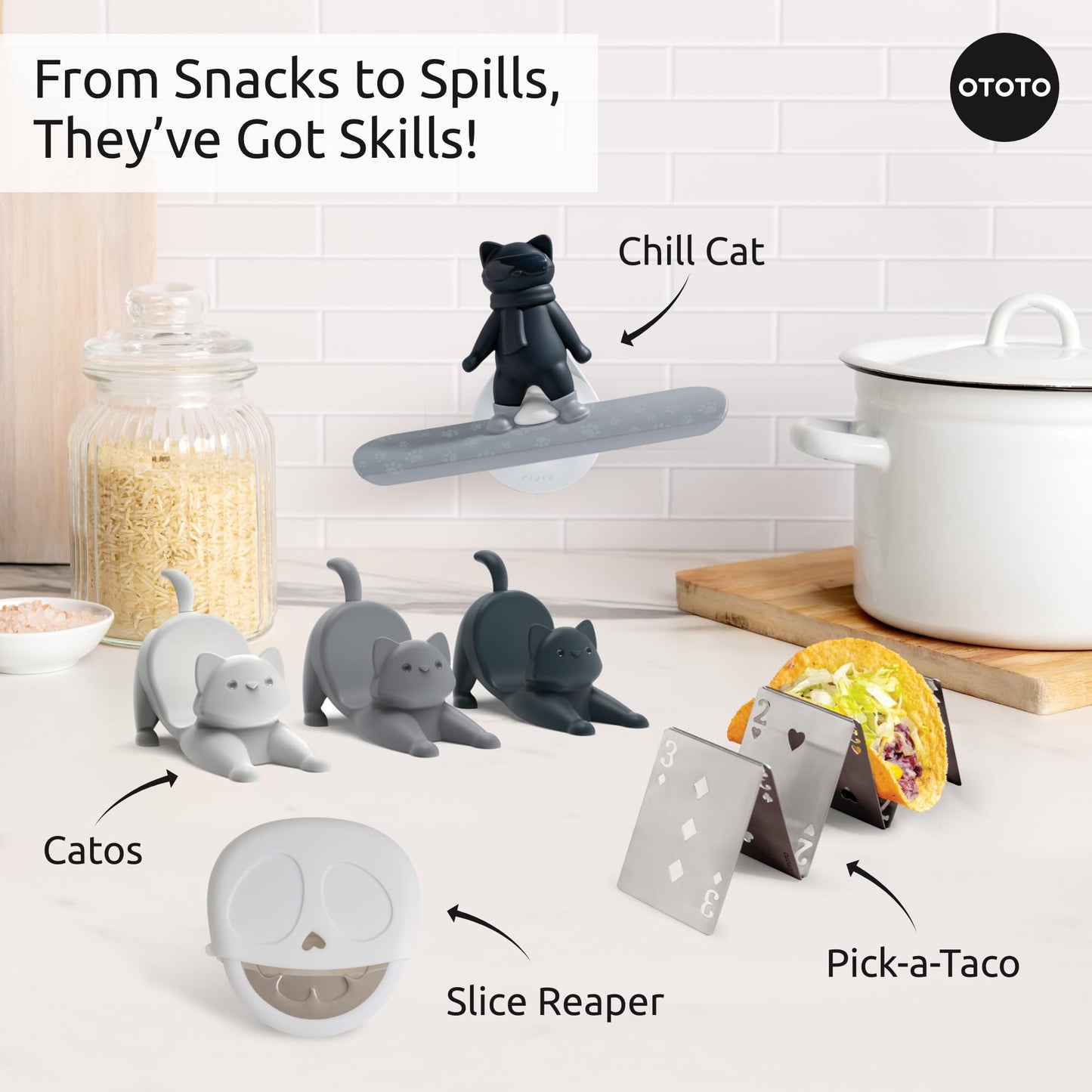 NEW - OTOTO Catos Taco Holder Set of 3 - Taco Shell Holder, Taco Stand, Taco Tray, Cute Kitchen Accessories, Weird Gifts, Cooking Gifts, Funny Gifts, Taco Stands for 3 Tacos, Fun Kitchen Gadgets