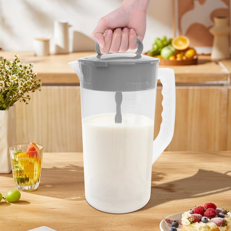 1 Pack Mixing Pitcher for Drinks, 2 Quart/ 64oz Plastic Water Pitcher with Lid,Easy-Mix Juice Container,Angled Plastic Blades and Adjustable Mixer Plunger for Mix Juice, Milk,Tea, Beverage Container…