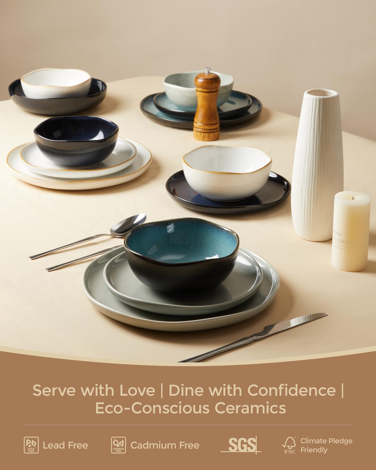Pokini Extra Large Dinnerware Set for 12, 36 Pieces Ceramic Plates and Bowls Set, Kitchen Dish Set, Microwave & Dishwasher Safe Dishware, Ocean-Inspired Stoneware for Big Gatherings, White