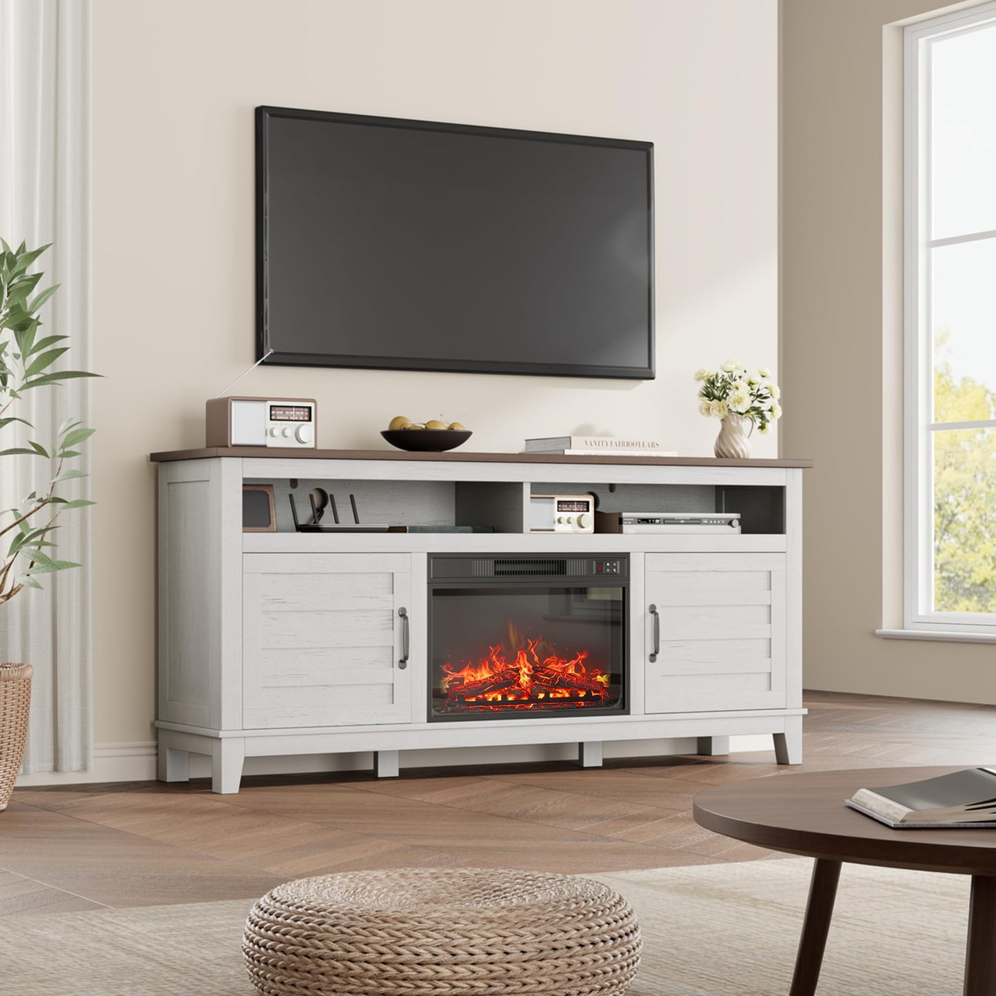 IDEALHOUSE Fireplace TV Stand, Entertainment Center with Fireplace, Farm TV Cabinet with Cupboard Door, Suitable for Living Room and Bedroom