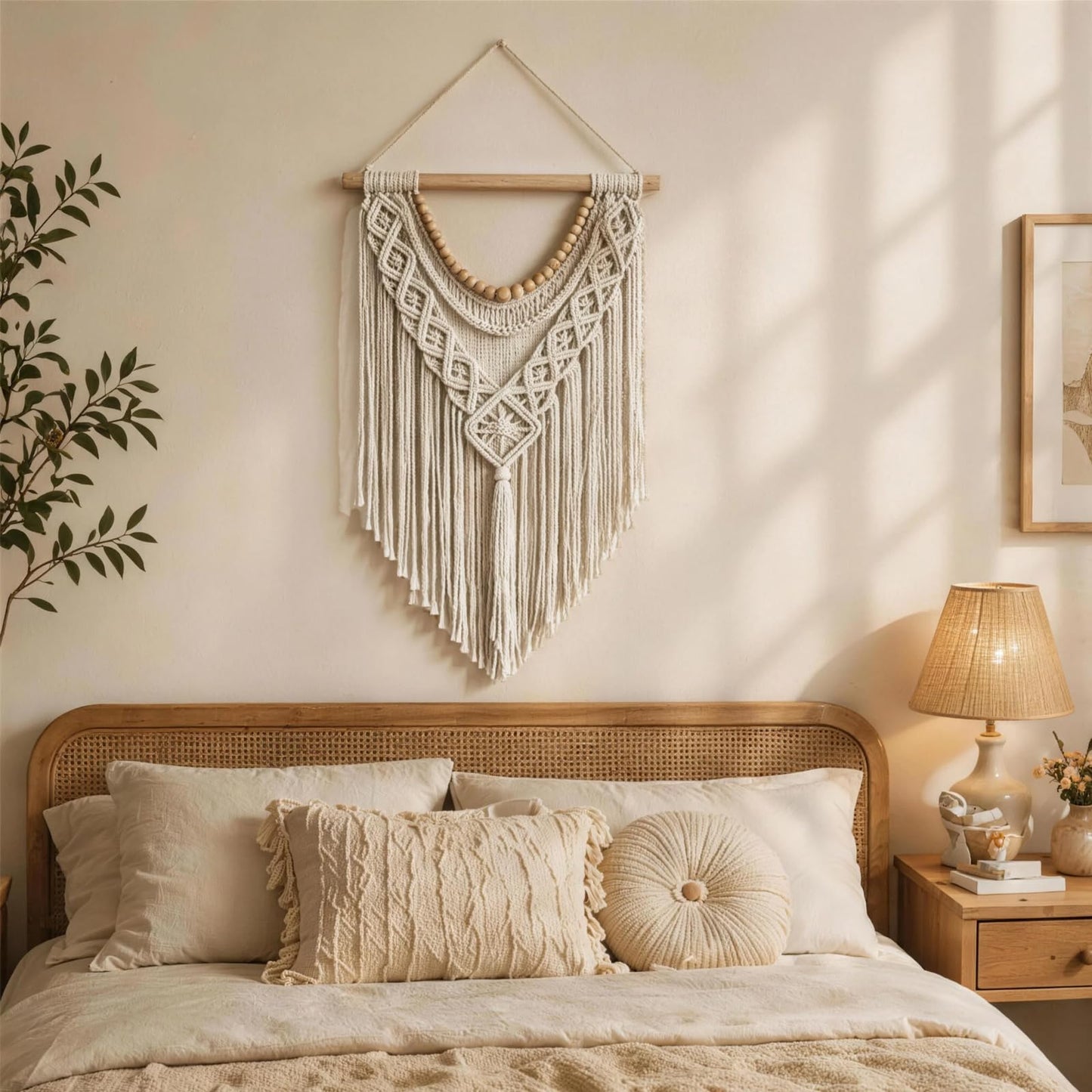 31.5×15 Inch Boho Macrame Wall Hanging, Handwoven Tapestry with Wooden Beads, Boho Home Decor