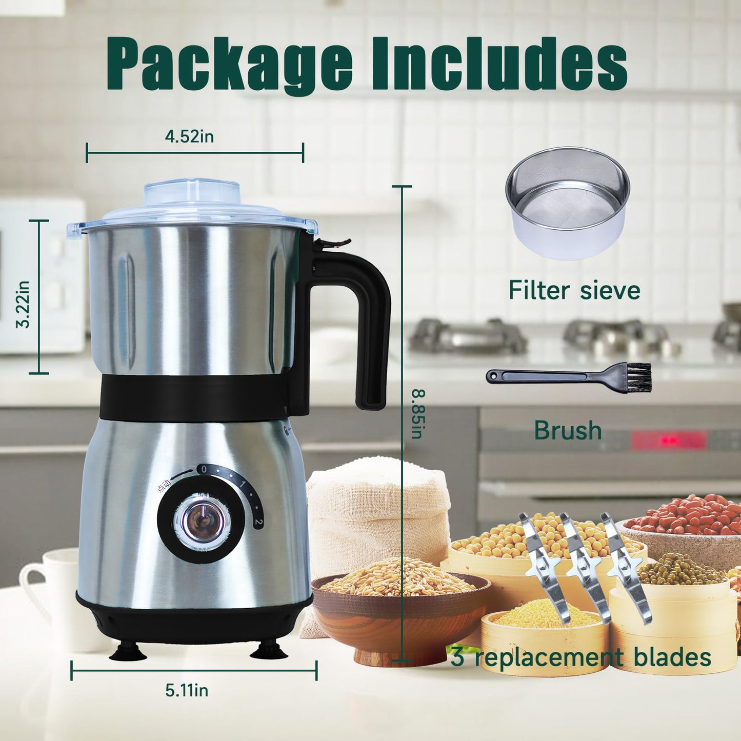 Grinder for Kitchen, Spice Grinder Electric Dry Comes With 3 Removable Stainless Steel Blades, 500w Suitable For Grinding Spices, Herbs, Coffee Beans, Grains, Nuts (Black)