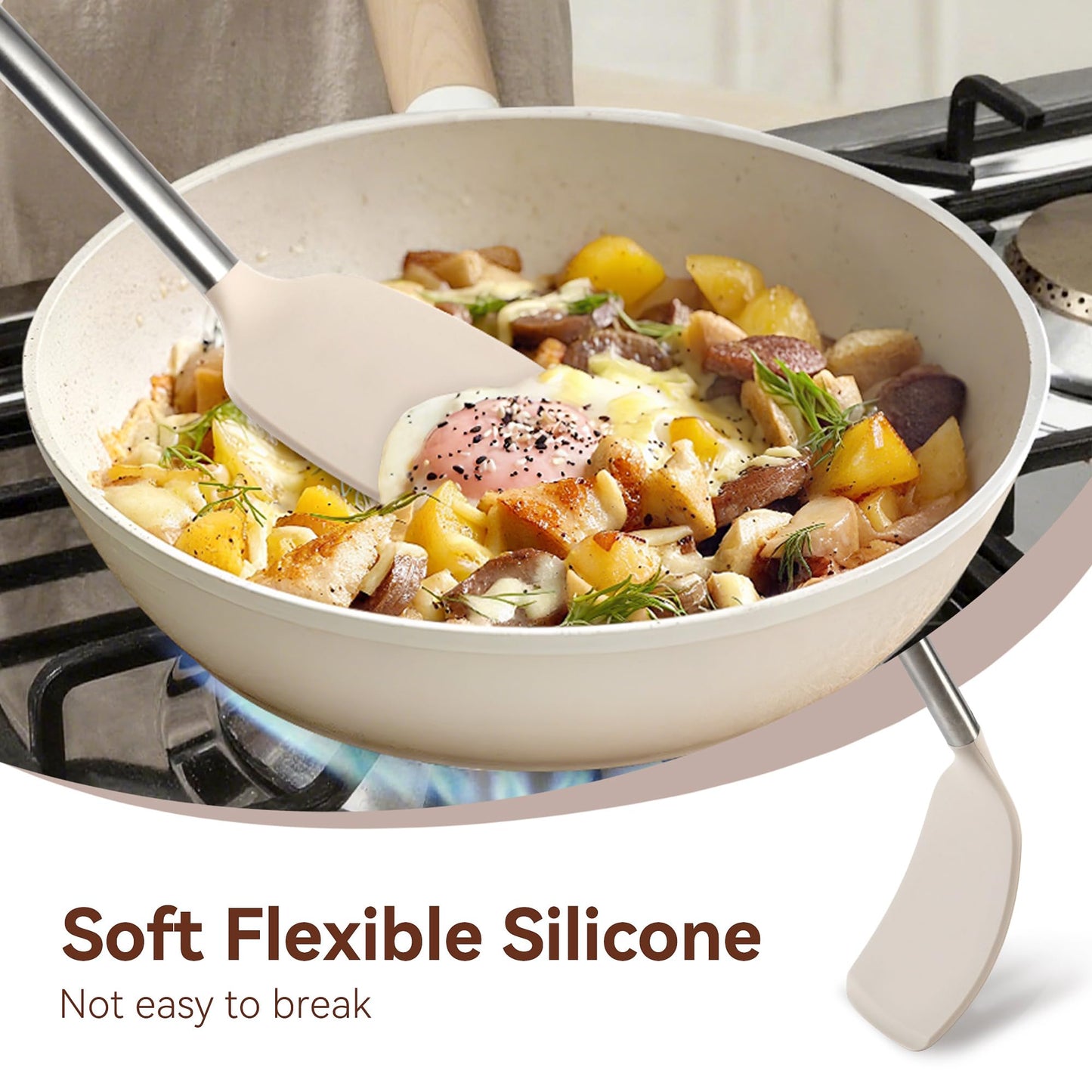 Silicone Cooking Utensils Set, NCUE 35 Pcs Kitchen Utensils Set with Holder, with Stainless Steel Handle Spatula Set, Spoons, Pasta Server, Cheese Grater, Masher, Scissors, Dishwasher Safe (Khaki)