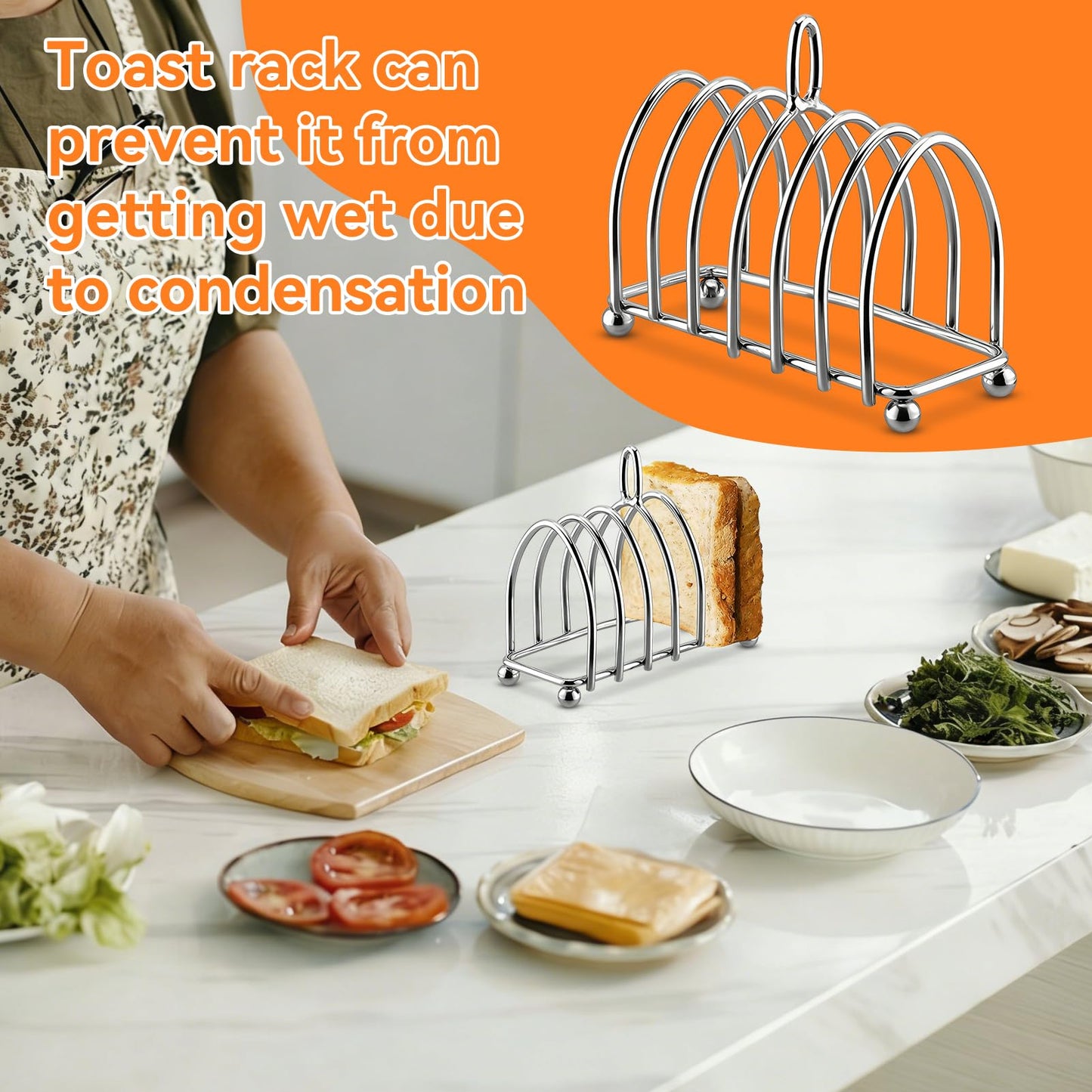 Frdhee Toast Rack English Style, 6 Slice Bread Holder, Stainless Steel Toast Holder Stand with Ball Feet, Vintage British Bread Loaf Grid Cooling Station with Handle for Kitchen Bakeware