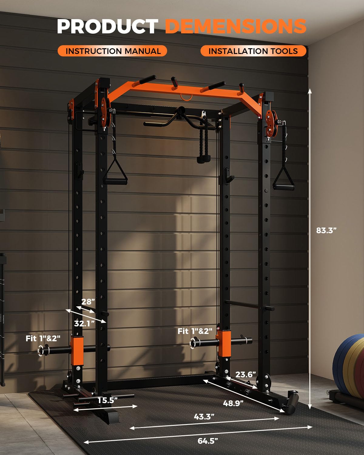 Power Cage, Power Rack with Cable Crossover System, 2000LBS Squat Rack with LAT Pull Down System, Workout Cage with Pulley System for Fitness Home Gym Strength Training, Orange & Black