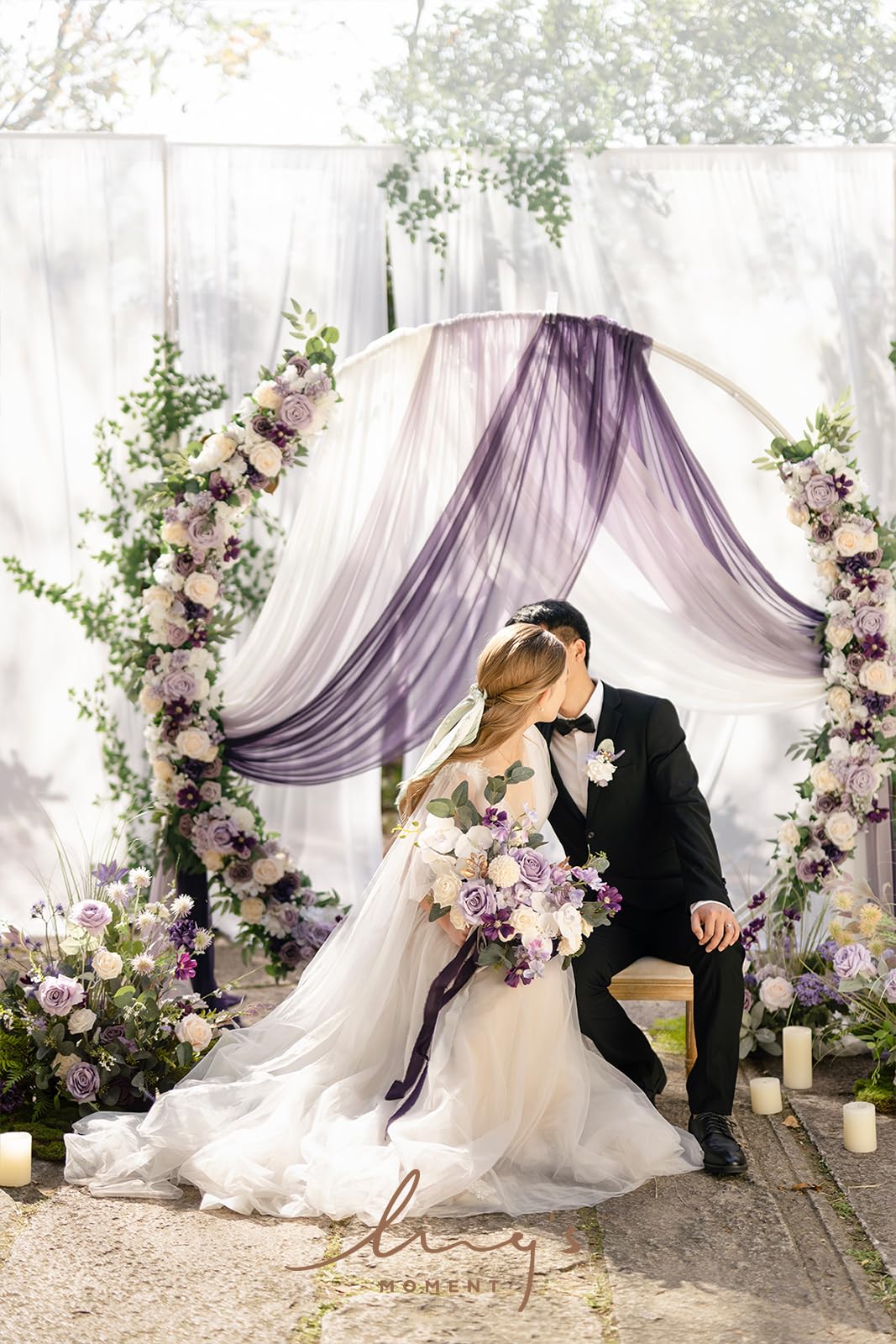 Ling's moment Wedding Arch Flowers with Sheer Drapes Kit - Artificial Purple and Gold Rose Floral Arrangements for Ceremony Backdrop, Arbor Decor, 5-Piece Set (2 Flower Stems + 3 Hanging Drapes)