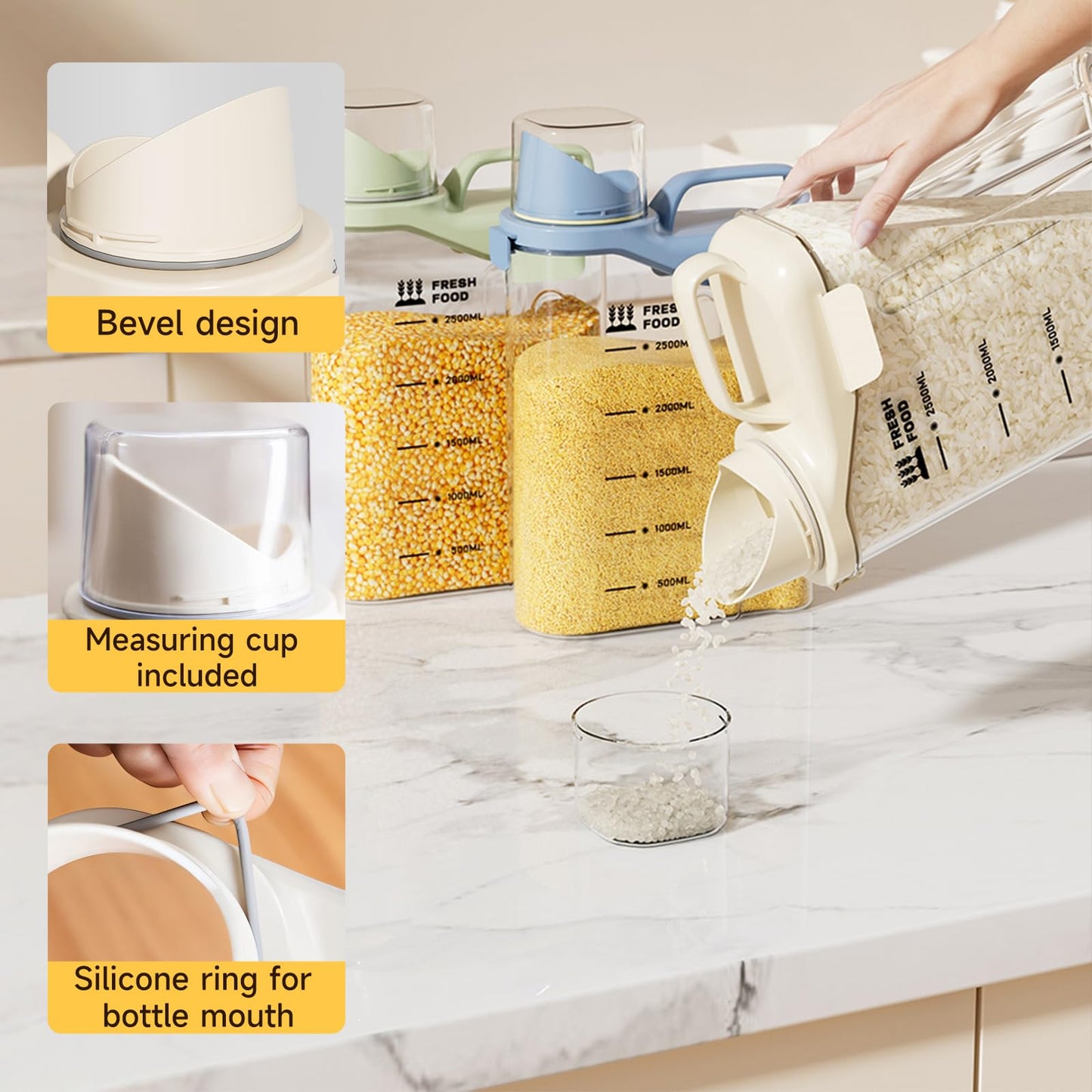 Rice Containers 5.5lbs and Cereal Storage Dispenser-Airtight Food Storage Organizers BPA free Plastic Kitchen Storage Containers food-grade PET material Suitable for rice, cereal, flour,etc(White)
