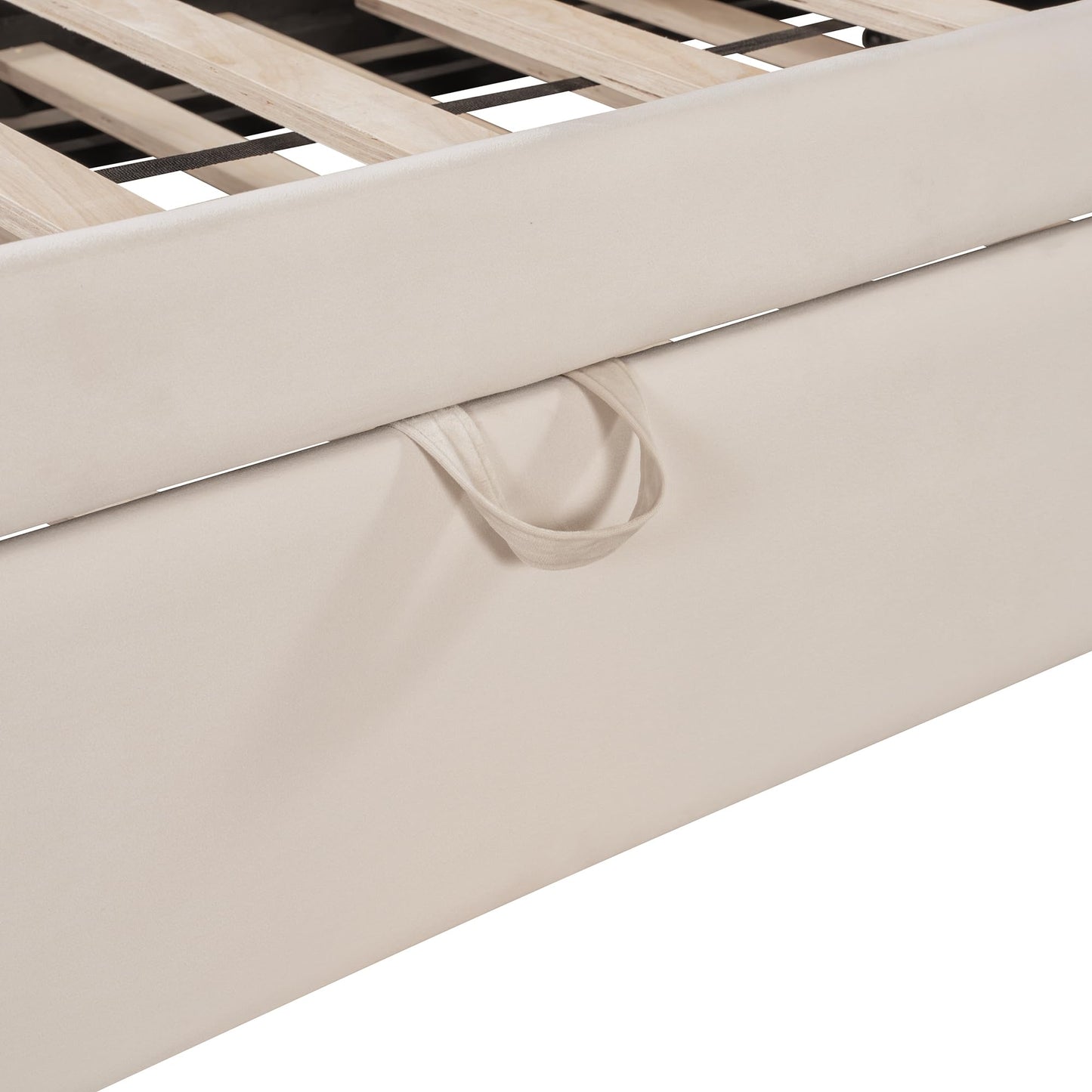 GDFStudio Full Size Upholstered L-Shaped Daybed with Pop Up Trundle, Vertical Stripe Design, Padded Backrest, No Box Spring Needed, Beige