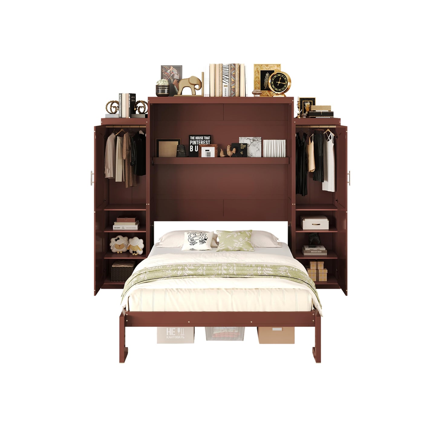 Ball & Cast Murphy Bed Queen Size,Wood Foldable Wall Bed with 2 Sides Wardrobe and Storage Shelf, Hidden Cabinet Bed Frame for Bedroom,Guest Room,Space Saving,No Box Spring Needed,Walnut