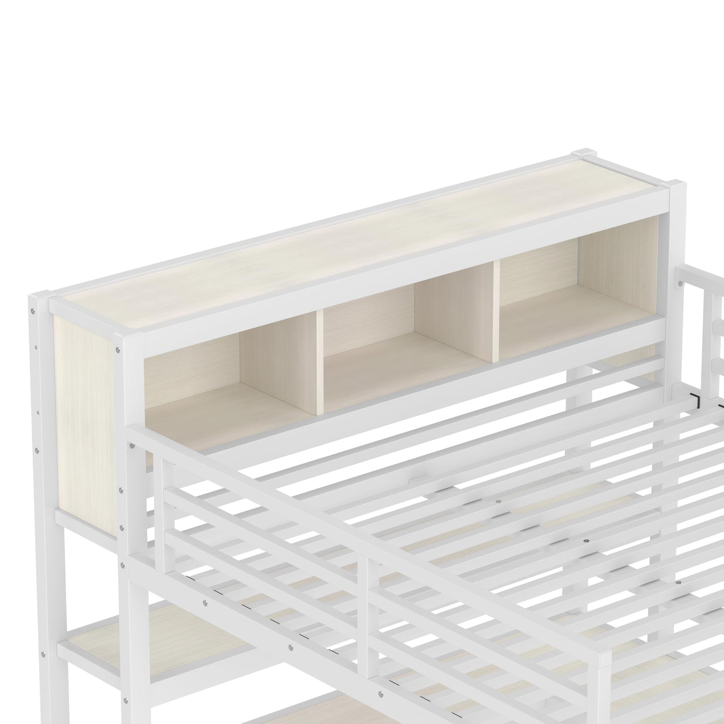 Bellemave Queen Loft Bed with Desk & Wardrobe, Heavy Duty Metal Loft Beds with Storage Shelves, Space Saving Loft Bed Queen Size with Safety Guard, White Wood Grain
