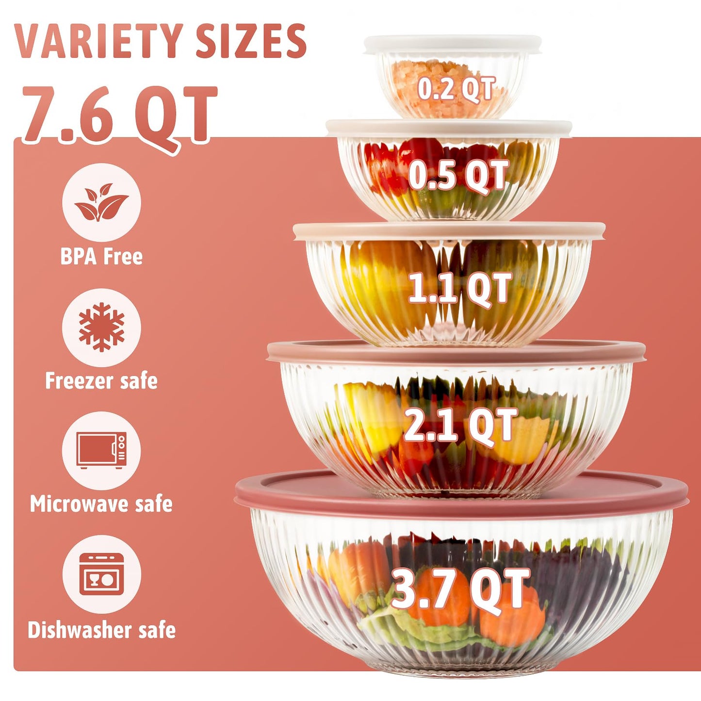 Glass Mixing Bowls with Lids Sets, 5 Packs Glass Bowls with Lids for Kitchen Baking, Meal Prepping and Salad, Bpa Free and Dishwasher Safe Serving Bowls, 0.2/0.5/1.1/2.1/3.7Qt