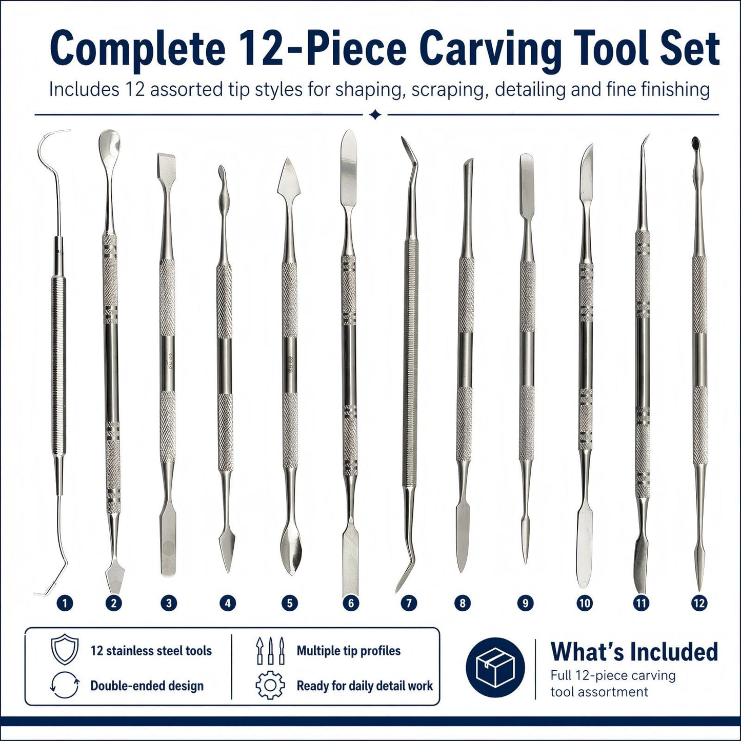 PHYHOO Wax Carvers Set Double Ended Dental Wax Modeling Sculpting Tools Dental Picks Polymer Pottery Clay Carving Tool Stainless Steel 12 Pieces