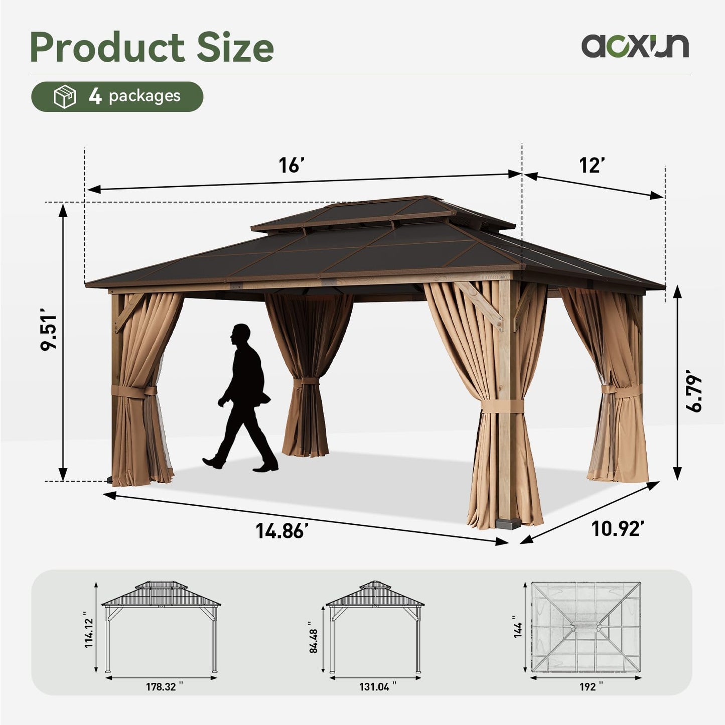 Aoxun 12' x 16' Outdoor Wood Gazebo with Double Polycarbonate Top, Hardtop Gazebo Permanent Wooden Pavilion with Breathable Netting and Privacy Curtain for Patio, Garden, Deck, Cedar Wood, Natural