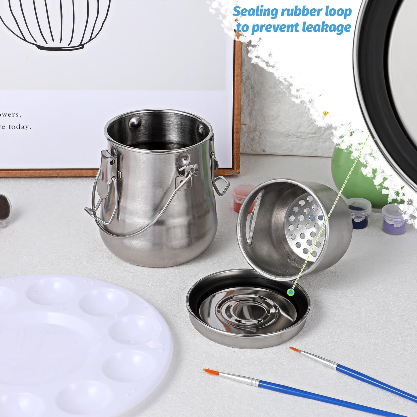 MySHUCE 2 Pcs Paint Brush Cleaner, Airtight Stainless Steel Brush Holder for Painting Double Dipper Palette Cup Paint Brushes Portable Washer Holder for Oil Cleaner Kits(20oz/Medium)