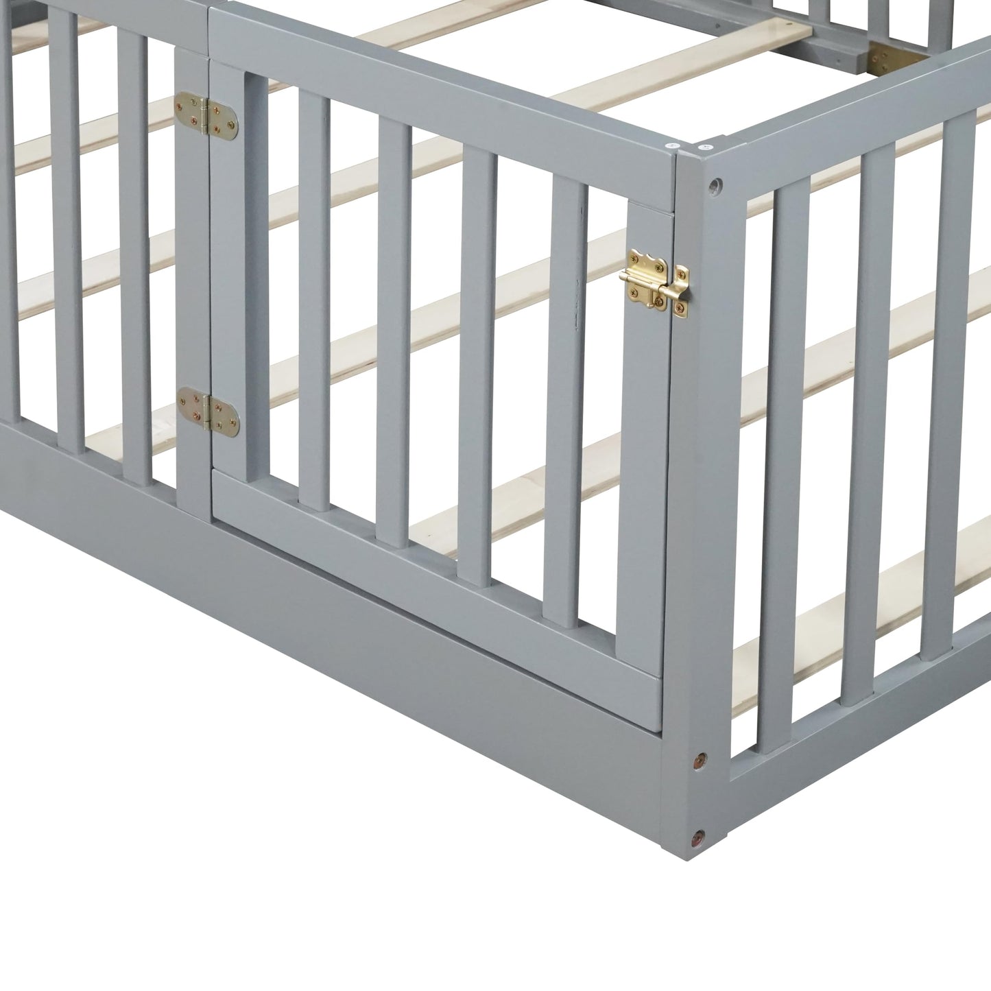KEIKI Full Floor Bed Frame with High Fence Guardrail, Solid Wood Montessori Kids Bed, Pine Wood Platform Floor Bed with Storage Racks, White