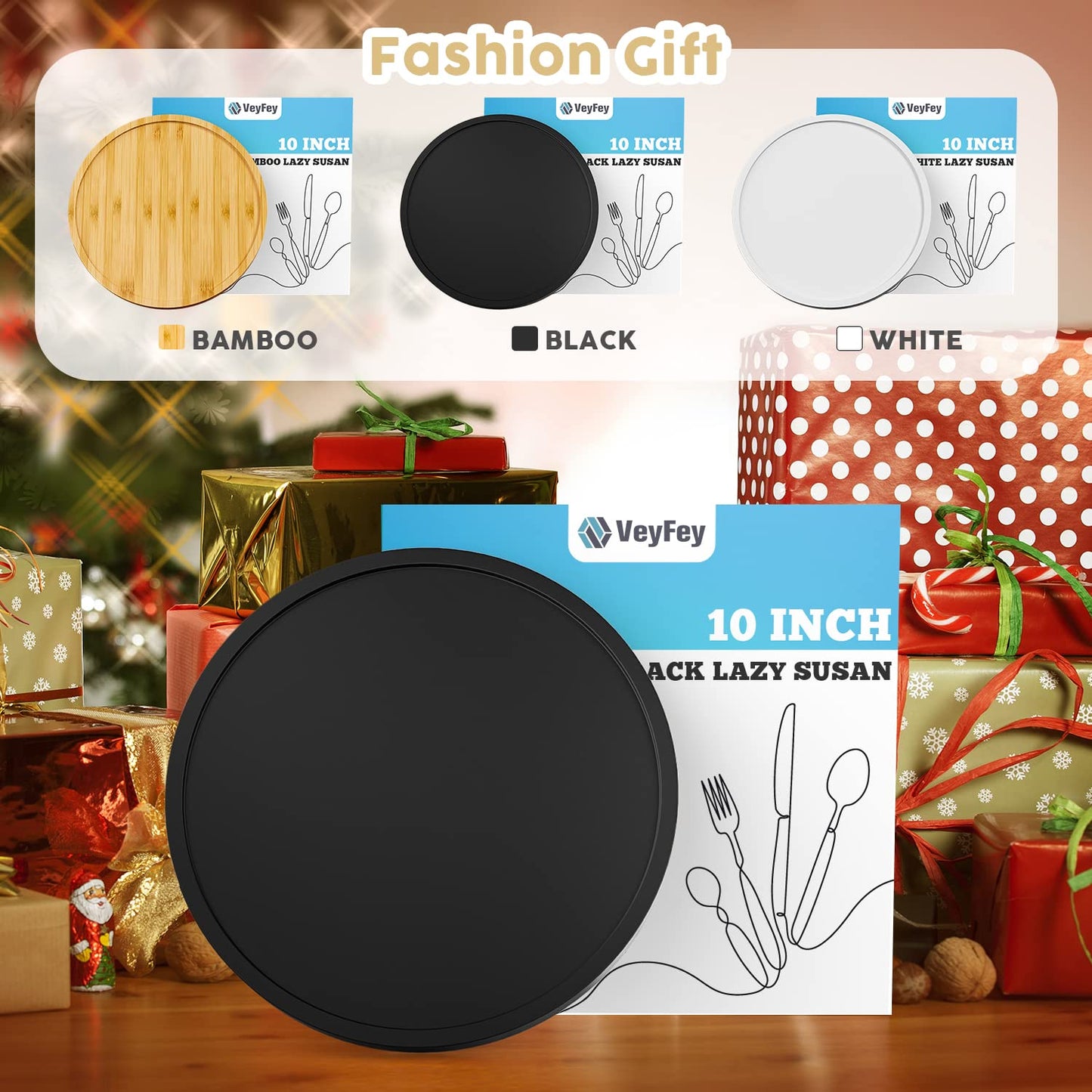 VeyFey Turntable Vanity Tray 10 Inch for Perfume Candle, Bamboo Kitchen Sink Countertop Organizer Keep Glass, Sponge and Soap Bathroom Coffee Table Decorative Black (VFLZ)