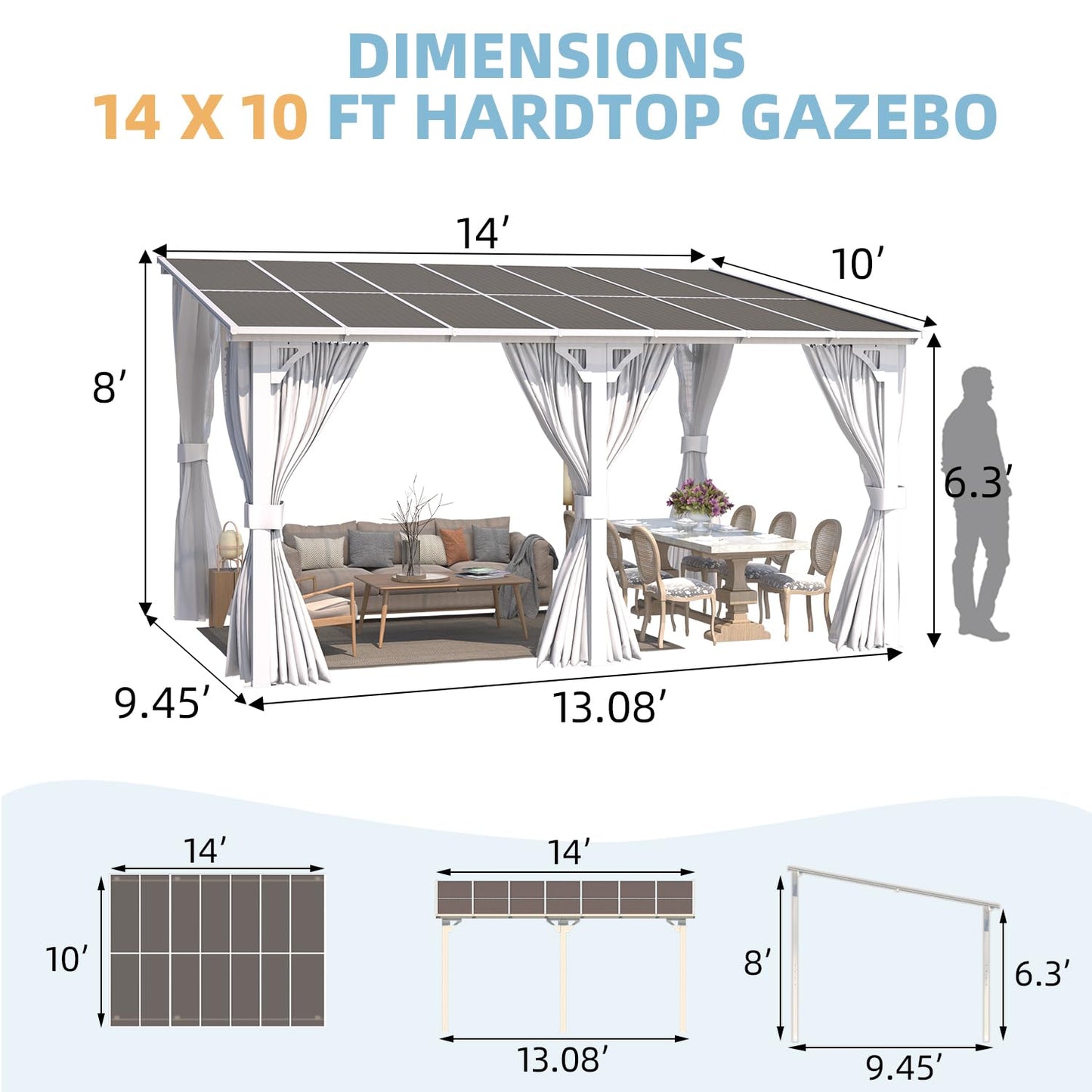 AECOJOY 14'x10' Outdoor Lean to Gazebo with Curtains and Mosquito Netting for Patio, Hard Top Wall Mounted Pergolas and Gazebos Clearance, Large Heavy Duty Metal Awnings for Decks in White