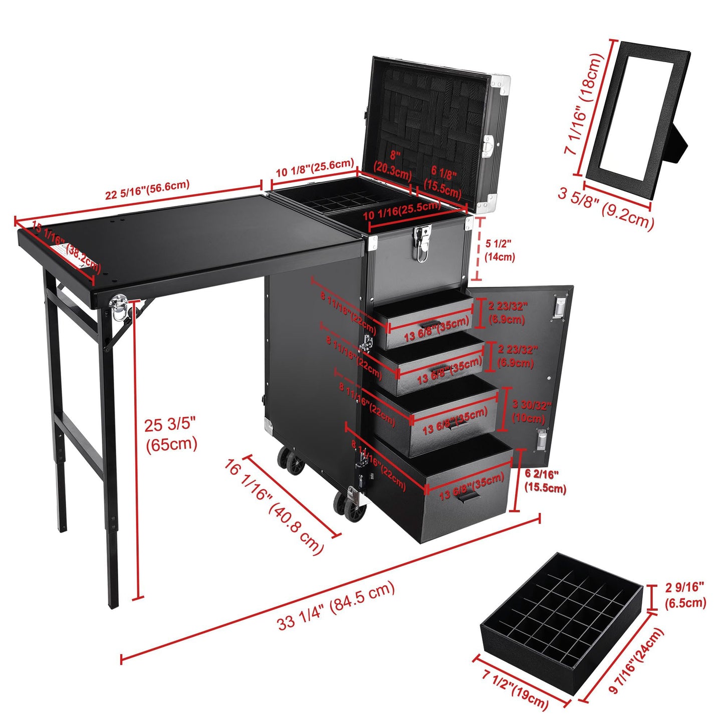 BYOOTIQUE Portable Manicure Table Nail Station Rolling Makeup Case with 4 Drawers Nail Table Storage for Makeup Artist Nail Tech Manicurist, Black, 33" x 16" x 31"