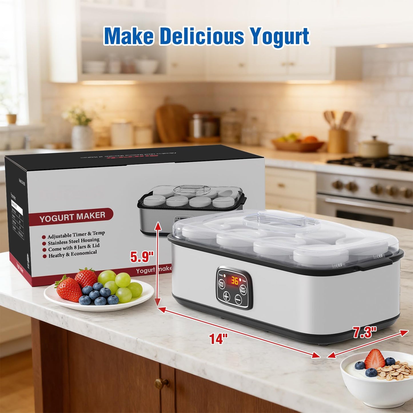 HOPERAN Yogurt Maker with Adjustable Time and Temp Control, Yogurt Maker Machine with Automatic Shut-Off & Constant Temper for Homemade Probiotic, Greek Yogurt, BPA-Free (Black Grey, 48 oz/8 Jars)