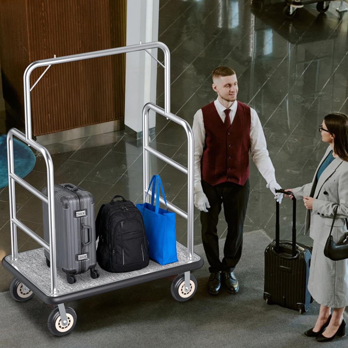 Hotel Luggage Cart, 1300LBS Load Capacity Bellman's Cart with 8" Wheels, Brushed Stainless Steel Commercial Grade Hotel Luggage Trolley with Grey Carpeted Deck for Hotels (42''L x 26''W x 70''H)