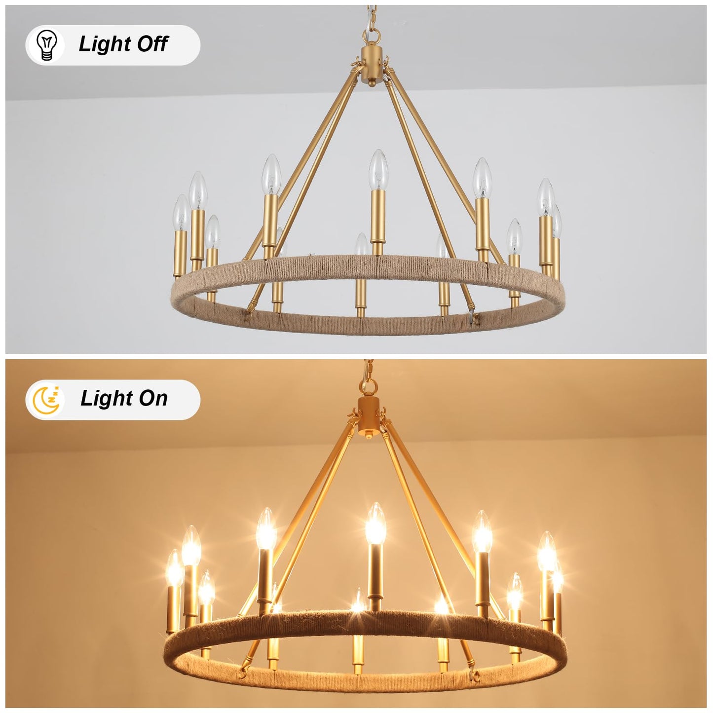 ZJVAIVE 12-Lights Gold Wagon Wheel Chandelier 26.77" Large Gold Farmhouse Chandelier Vintage Circle Light Fixture for Dining Room Kitchen Island Height Ceiling Living Room