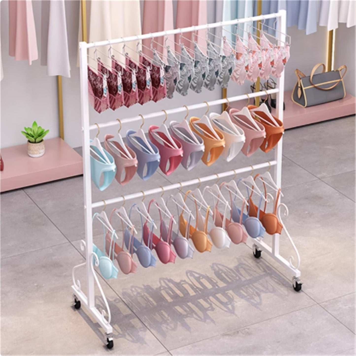 Mobile Lingerie Bra Rack Swimsuit Organizer Hanger, Anti-Slip, Underwear Display Stand with Wheels, Commercial Clothing Store Shelf, for Shorts,Hats, Sock, 3 Tier(Black,80 * 40 * 1