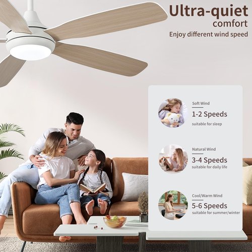 42 Inch Solid Wood Ceiling Fans with Lights and Remote, Dimmable 6-Speed Outdoor Ceiling Fan with Light, 5 Blade Ceiling Fan with 3-Timer Reversible DC Motor for Bedroom, Living Room - White 