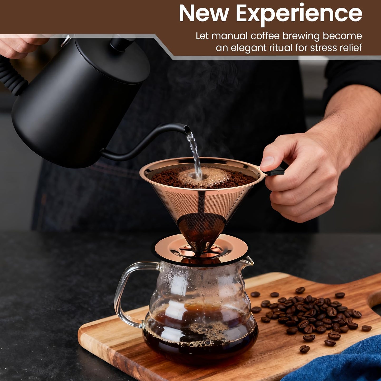 【2.0 Upgraded】Pour Over Coffee Dripper, Stainless Steel Drip Cone Brewer, Reusable Metal Coffee Strainer with Non-Slip Ring & Handle, Paperless Pour Over Coffee Maker (2.0 Titanium Copper)