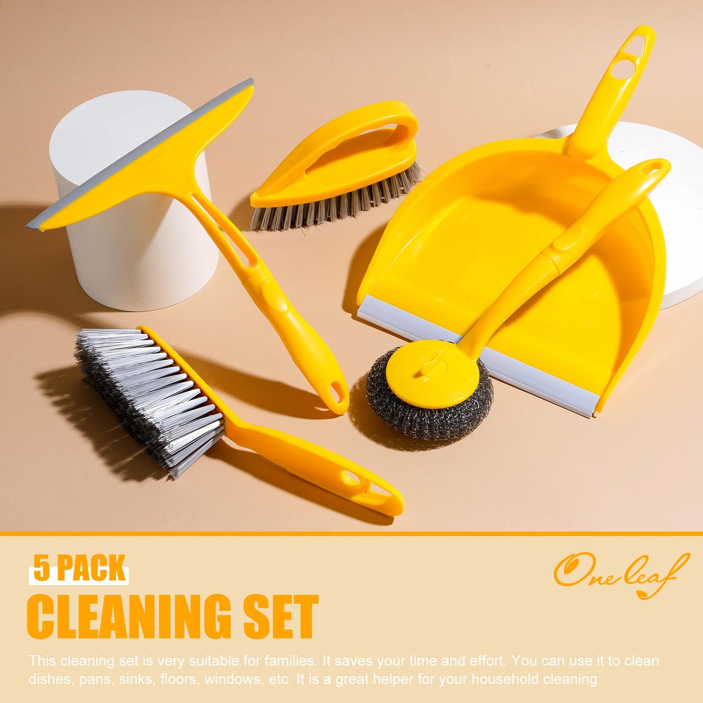 5-Piece Mini Desktop Cleaning Kit - Dust Pan Set with Wire Brush, Duster & Scouring Pad - Yellow Household Tools for Desk, Keyboard & Small Spaces