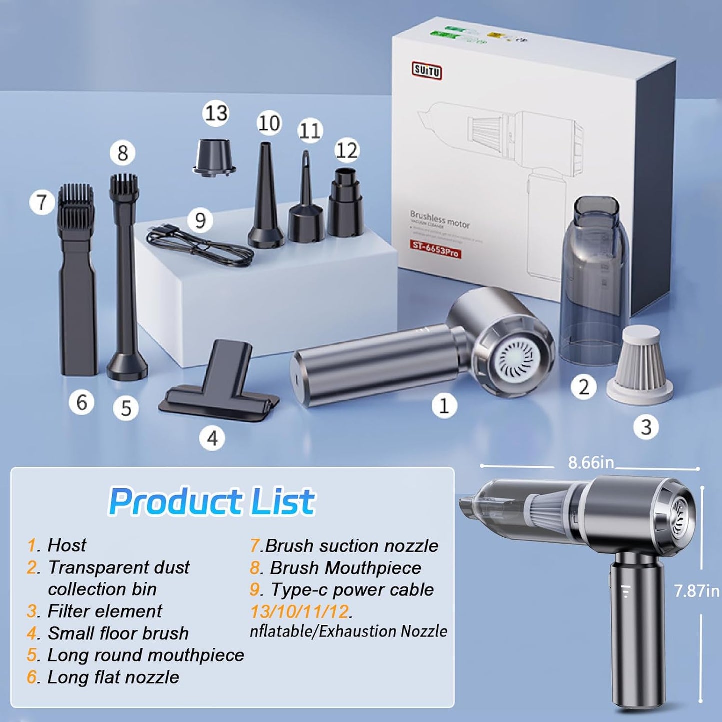 Portable Cordless Handheld Car Vacuum, 15000PA, 3 Speed Adjustable 4 in 1 with Brushless Motor and Multiple Nozzles