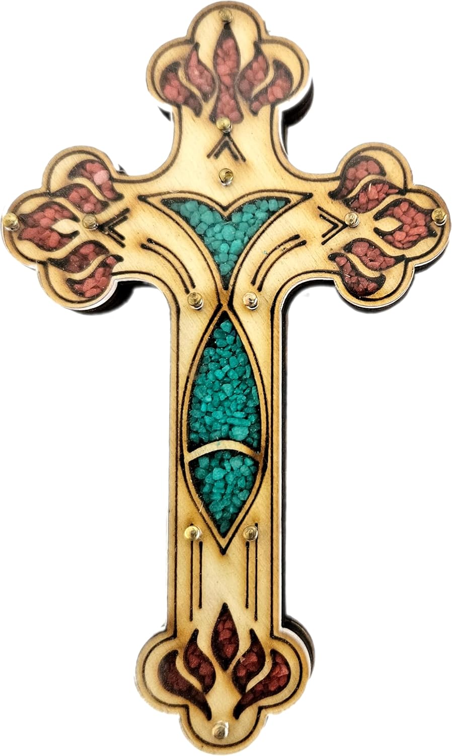 Engraved Wall Cross from Bethlehem - Filled with Semi Precious Stones from The Holy Land - Fish Style (5 Inches)