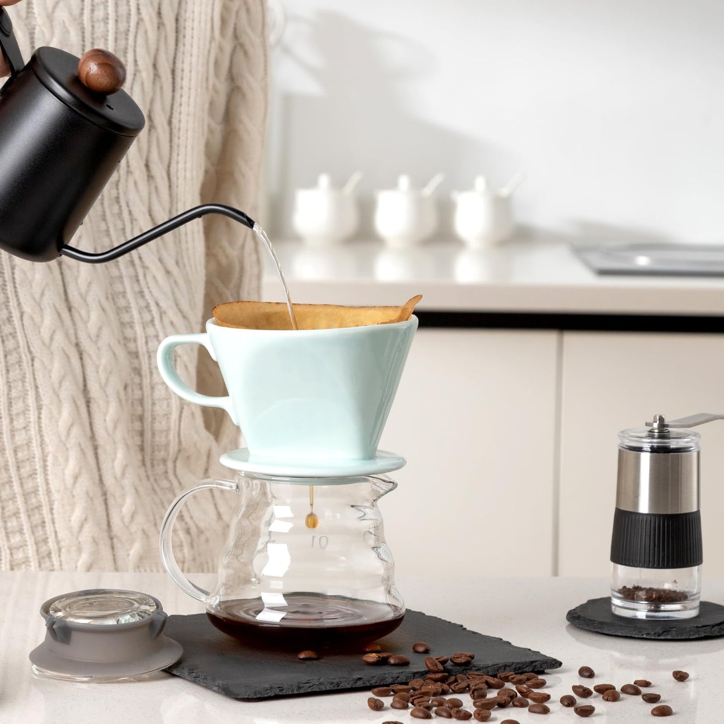LHUKSGF Pour Over Ceramic - Coffee Dripper Ceramic Coffee Maker with 3 Holes Flat Bottom, Porcelain Slow Filter Cone for Travel, Camping, Office, Home, Coffee Maker Brew, Green