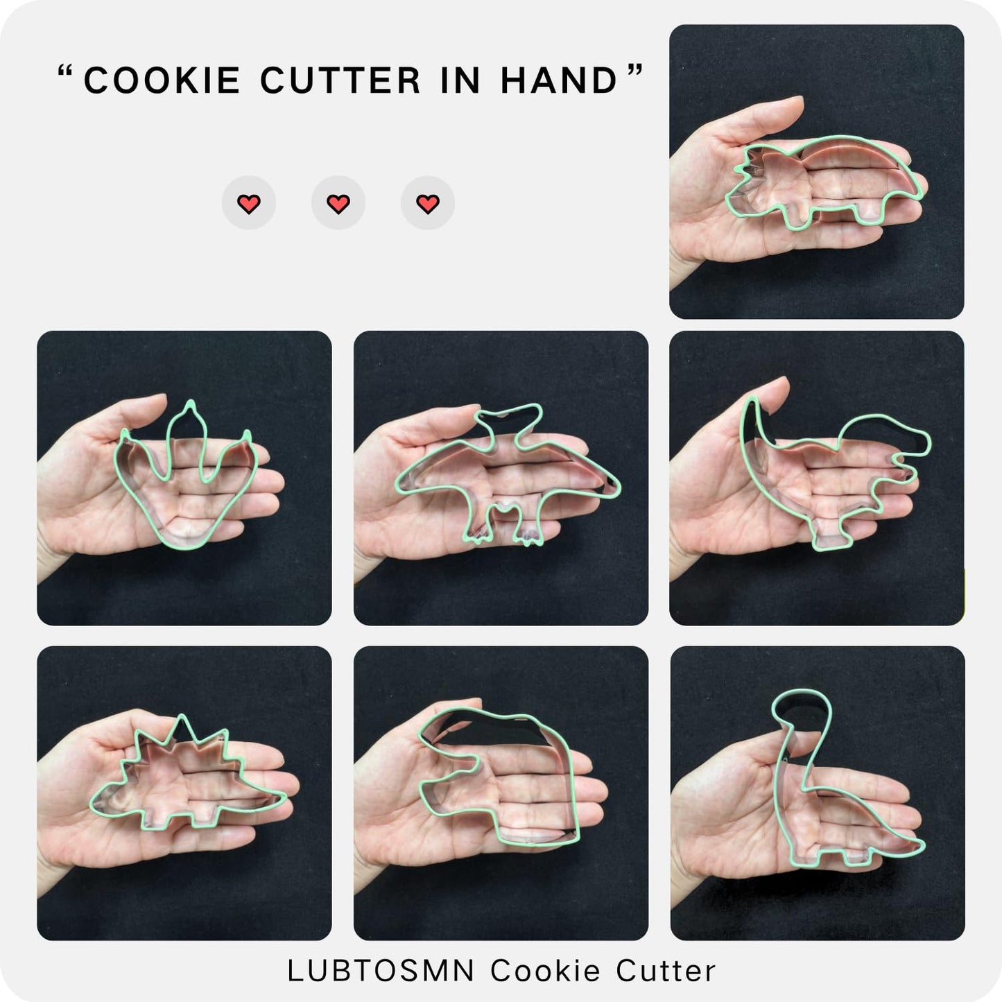 LUBTOSMN New 7 Piece Dinosaur Cookie Cutters Set with Silicone Protective Rim, Dishwasher Safe Stainless Steel Cookie Cutters for Cookies, Fondant, Sandwiches, Biscuits, Pancakes and Pastries