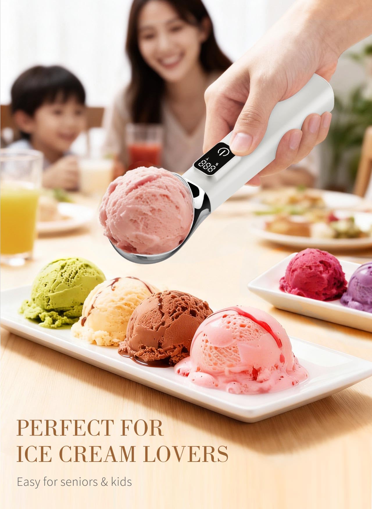 Heated Ice Cream Scoop Rechargeable, 5000mAh Battery Electric Ice Cream Scoop for Hard Icecream and More with LED Display, Self-Warming Heats To 158℉, IP67 Waterproof, Ideal Kitchen Gifts (White)