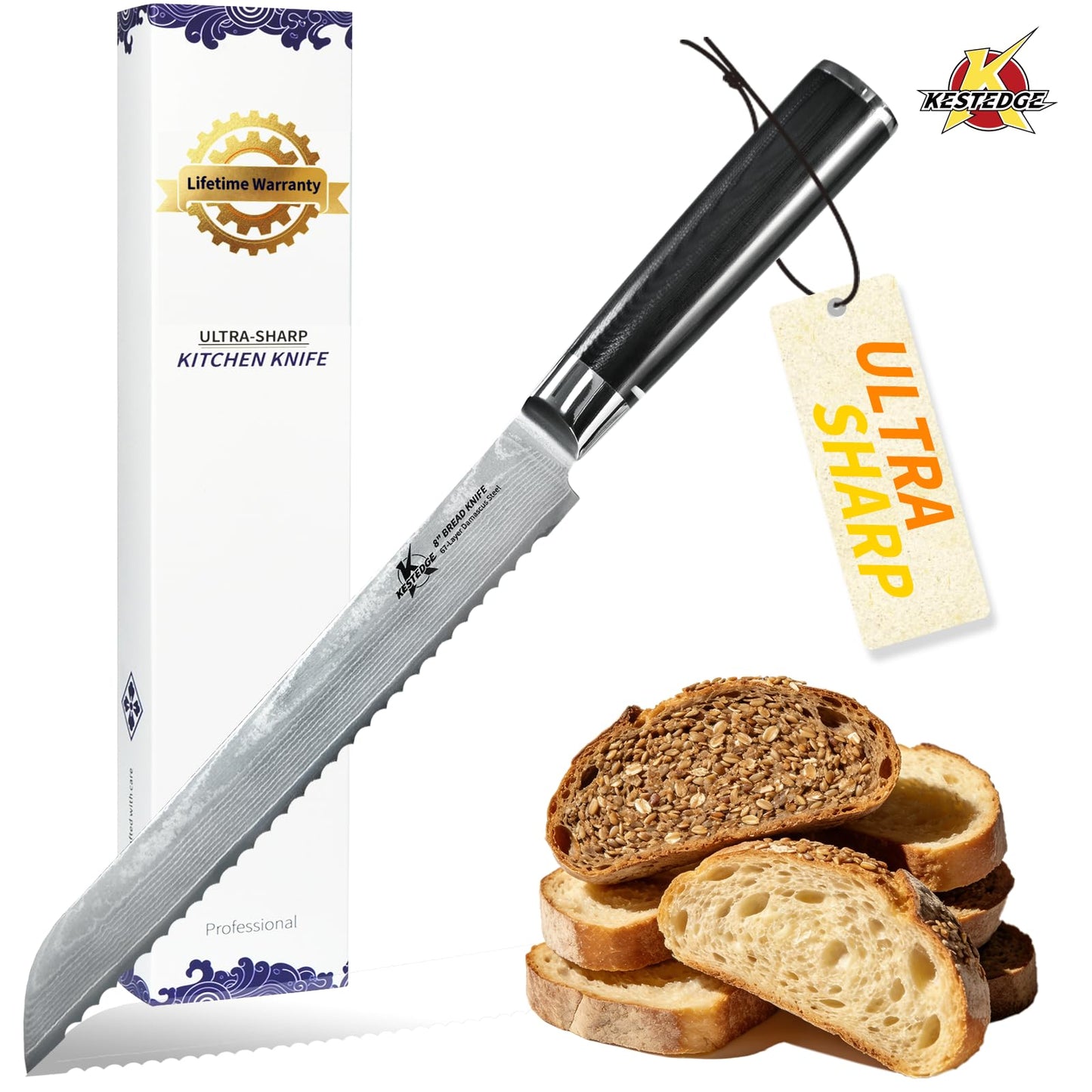 KESTEDGE 8-Inch Serrated Bread Knife - Damascus Japanese VG-10 High Carbon Steel - Professional Sourdough Knife for Homemade Bread, Cake & Artisan Loaves